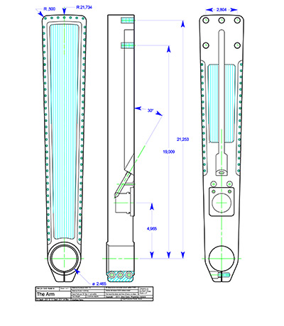 <b>Motorcycle Suspension Arm</b><span><br /> Designed by <b><a href='/success-stories/success-is-no-shock-for-american-suspension/'>Vince Costa</a></b> • Created in <a href='/2d-3d-drafting/2d-3d-cad-graphite.html'>Graphite Precision CAD Software</a></span>