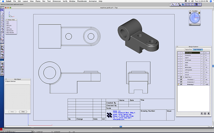 <b>Machine Part</b><span><br /> Designed by <b><a href='/success-stories/clearly-a-great-design/'>Nelson Au</a></b> • Created in <a href='/3d-modeling/3d-modeling-cobalt.html'>Cobalt CAD & 3D Modeling Software</a></span>