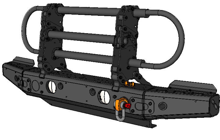 <b>Modular Front-End System (MFES-JK C9) with Full Grill Guard, Headlight Guards, Skid Plate and Rotator Shackle Mount</b><span><br /> Designed by <b><a href='/success-stories/mud-snow-sand-meet-technology/'>Trey Hermann</a></b> of <b><a href='http://pronghorngear.com/'>Pronghorn Overland Gear</a></b> • Created in <a href='/3d-modeling/3d-modeling-cobalt.html'>Cobalt CAD & 3D Modeling Software</a></span>